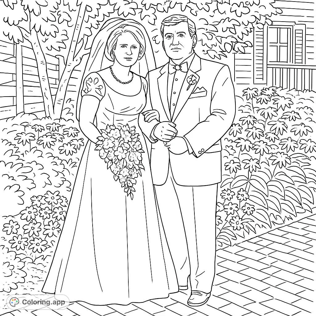 Celebrate love with this beautiful wedding couple coloring page. Features a bride with bouquet and groom in tuxedo, set in a charming outdoor garden.