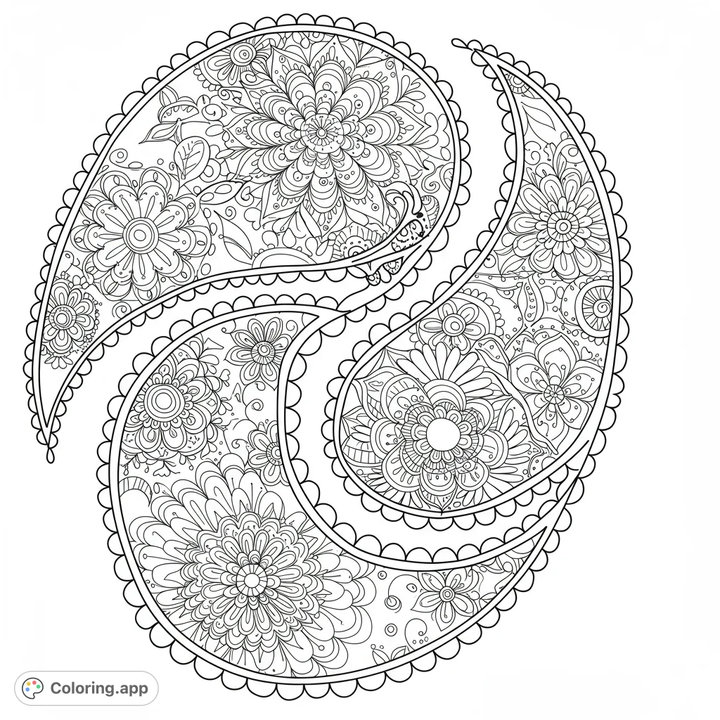 An intricate floral paisley pattern coloring page, perfect for detailed coloring. Features complex swirls, petals, and leaves for a meditative experience.