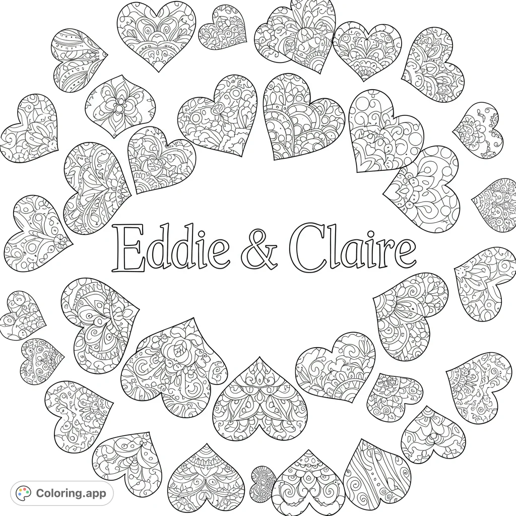 Discover a stunning circular design of intricately patterned hearts, offering a meditative coloring experience for all ages.