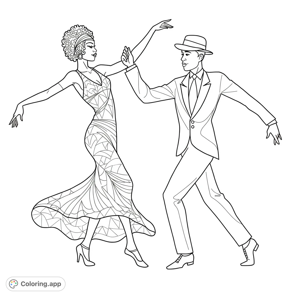 Elegant 1920s dancers in a dynamic pose, featuring a woman in a patterned flapper dress and a man in a suit and fedora. Perfect for vintage style fans.