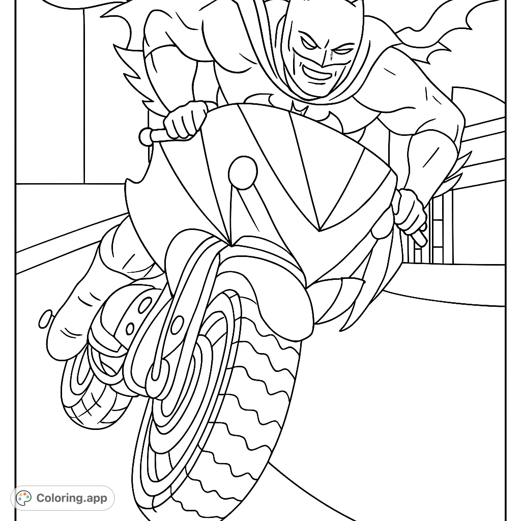 Action-packed Batman on his Batcycle, ready for adventure. A free printable superhero coloring page for kids and adults, perfect for fans!