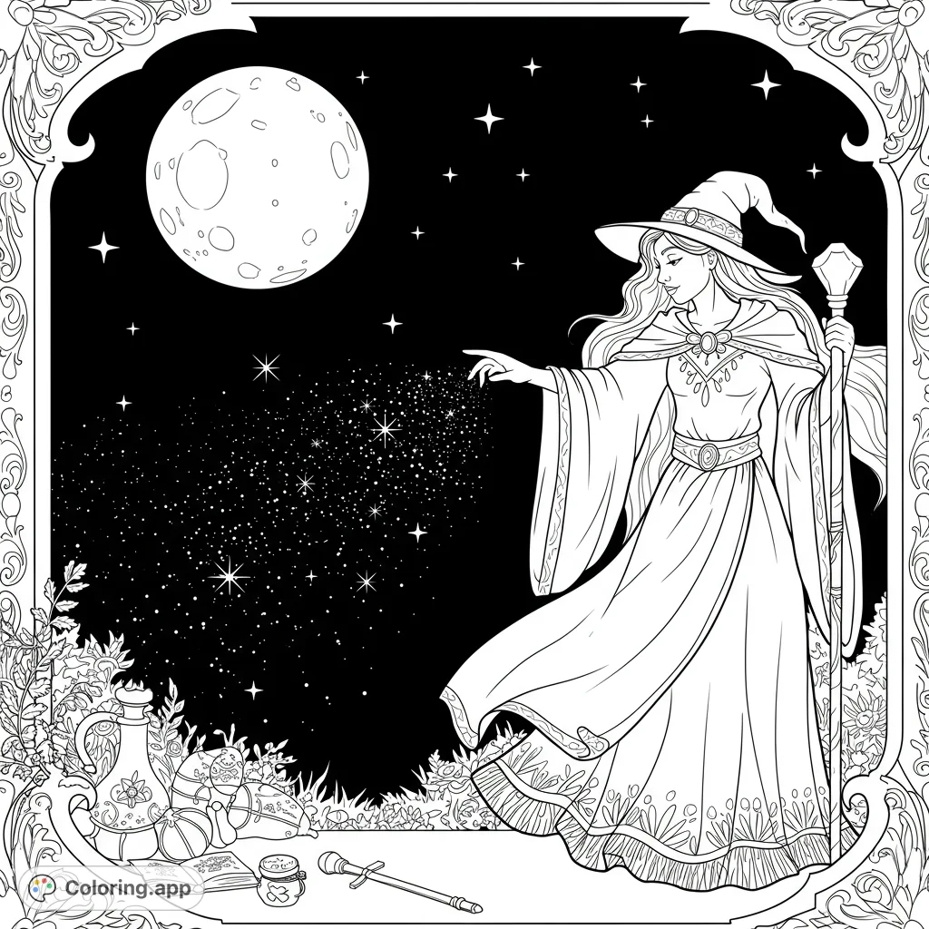 A magical scene featuring a moon casting a spell with glittering dust. Perfect for fantasy lovers, this coloring page offers a whimsical and enchanting experience.