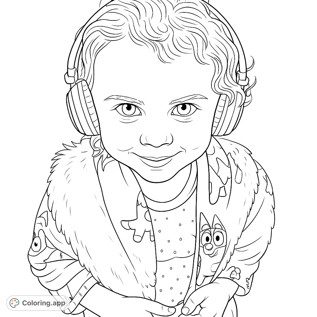 A delightful free printable coloring page featuring a smiling child with headphones and a patterned jacket, perfect for kids and adults.