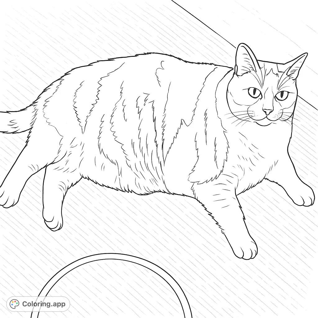 A charming fluffy cat coloring page, perfect for pet lovers. Features a relaxed feline with detailed fur on a textured floor.