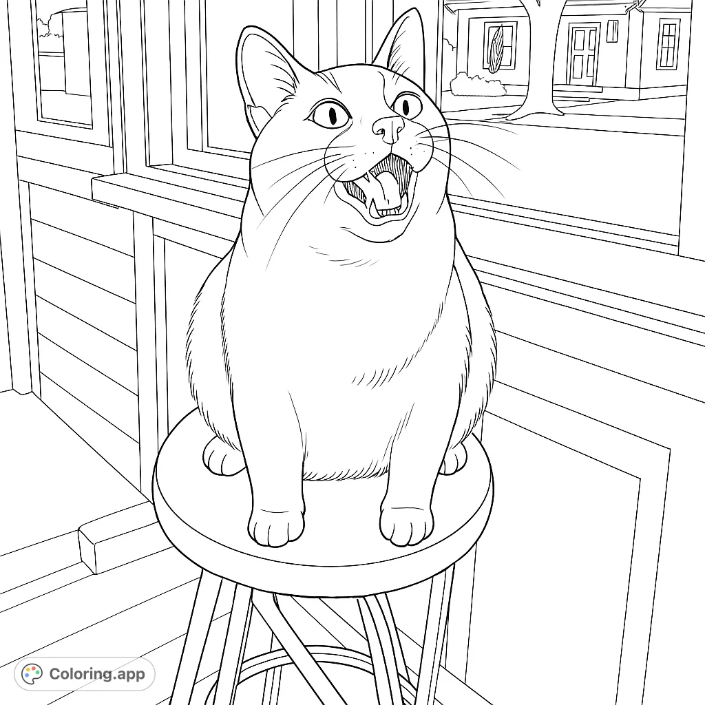 A delightful cat with an open mouth sits on a stool, ready for vibrant colors. Perfect for a fun, free printable cat coloring page.