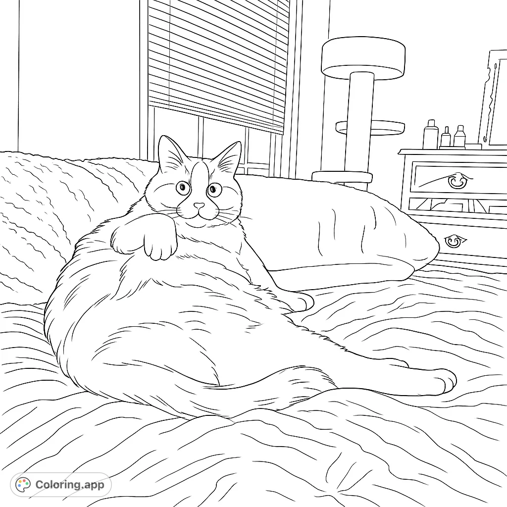 A charming black and white line drawing of a fluffy cat lounging comfortably on a rumpled bed, with a window and furniture in the background.