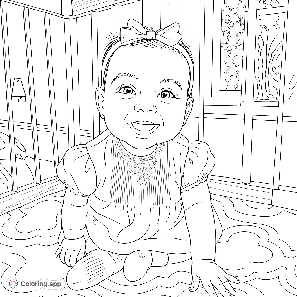 A sweet, smiling baby with a bow headband sits on a patterned rug, ready for a burst of color. Perfect for a heartwarming coloring experience.