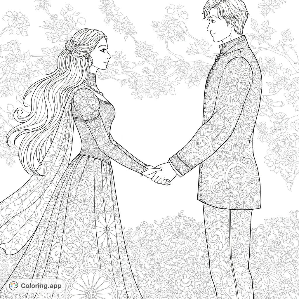 A beautiful fantasy romance coloring page featuring a prince and princess holding hands, adorned in intricately patterned royal attire amidst a detailed floral garden.