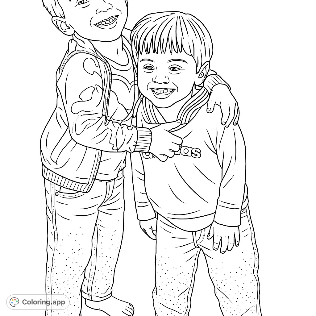A heartwarming free printable coloring page featuring two smiling boys embracing, perfect for kids and adults to celebrate friendship and family.