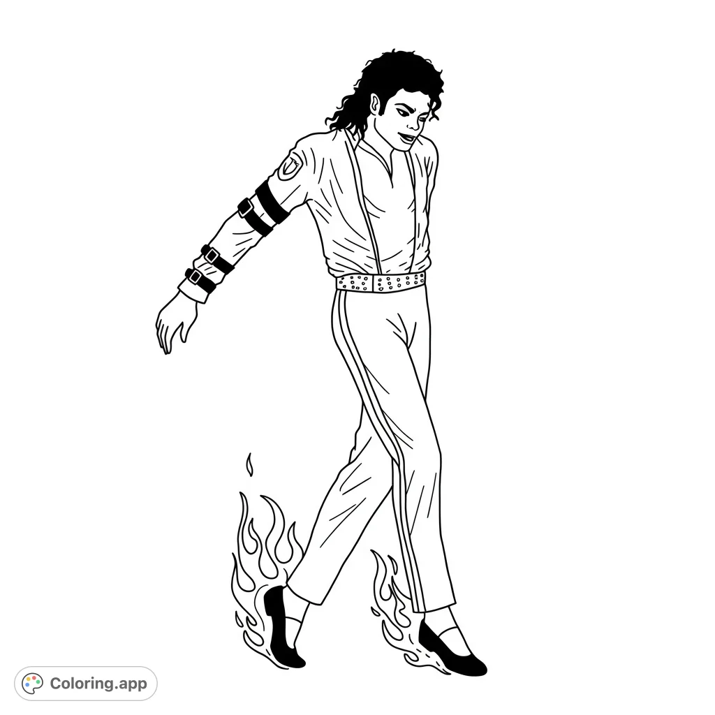 Iconic pop star striding with fiery shoes. A dynamic Michael Jackson coloring page, perfect for music fans and creative expression.