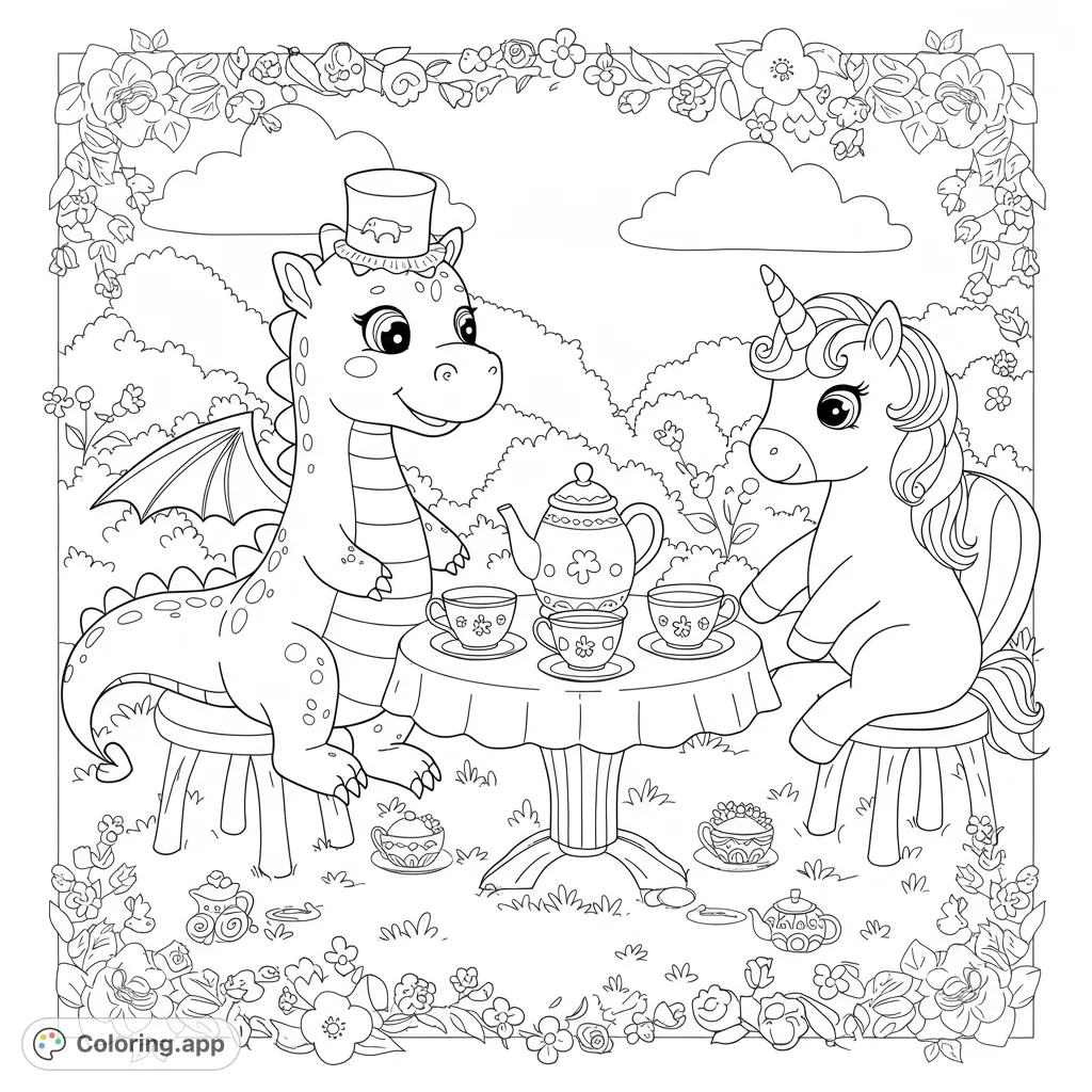 A charming dragon and unicorn enjoy a delightful tea party in a whimsical garden, surrounded by a beautiful floral frame. A magical fantasy coloring page!