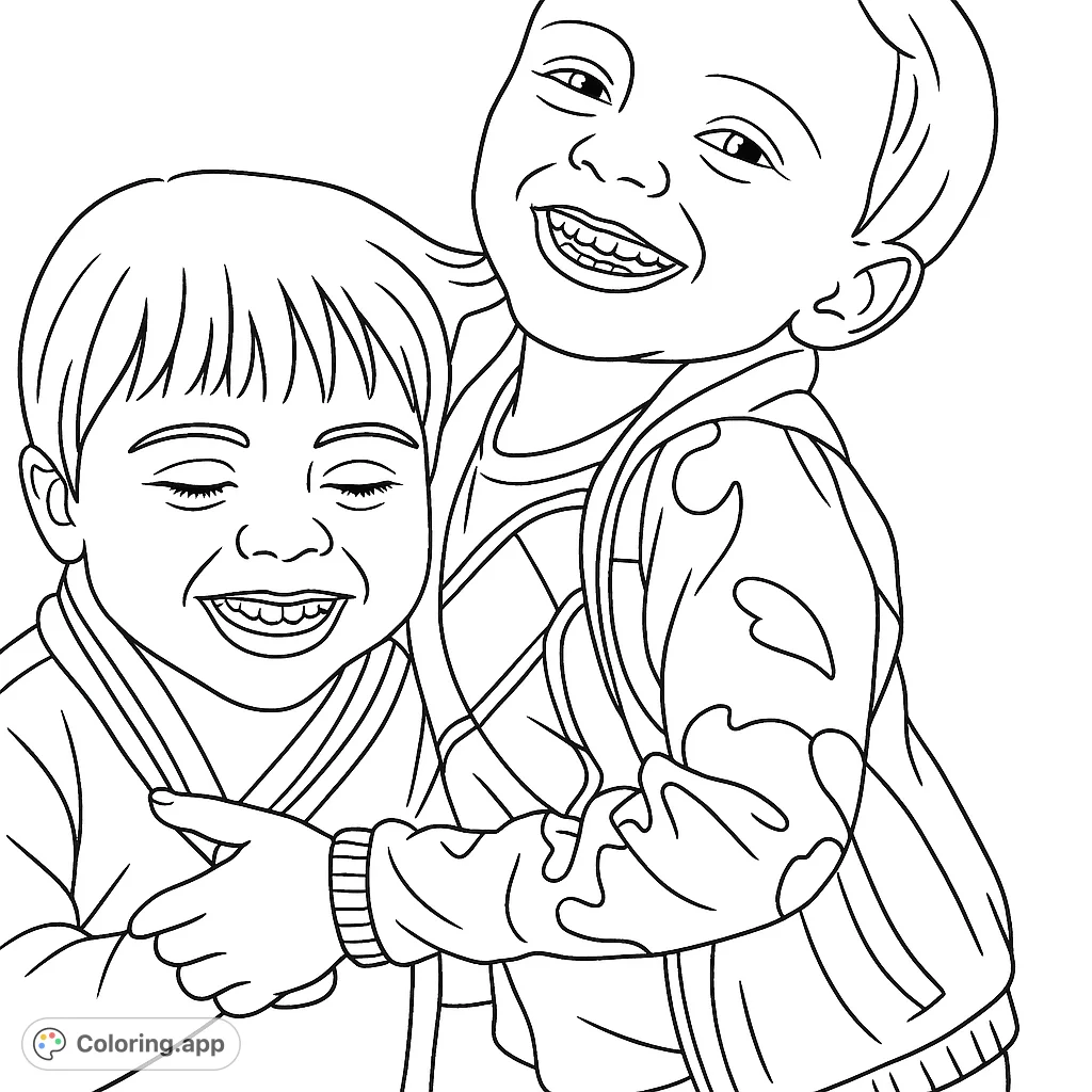 A heartwarming free printable coloring page featuring two happy children embracing, perfect for kids and adults. Capture their joyful expressions!