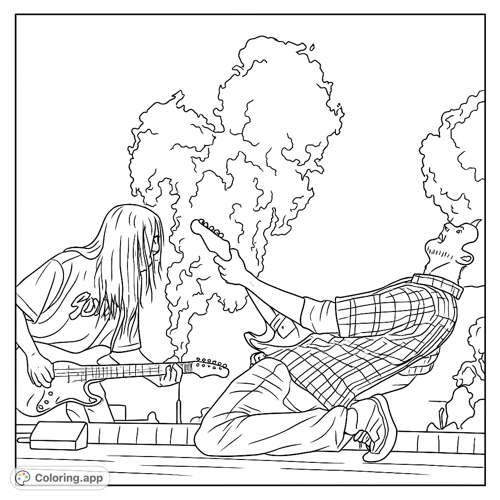 Unleash your inner rock star with this dynamic rock music coloring page featuring two guitarists shredding on stage amidst swirling smoke.