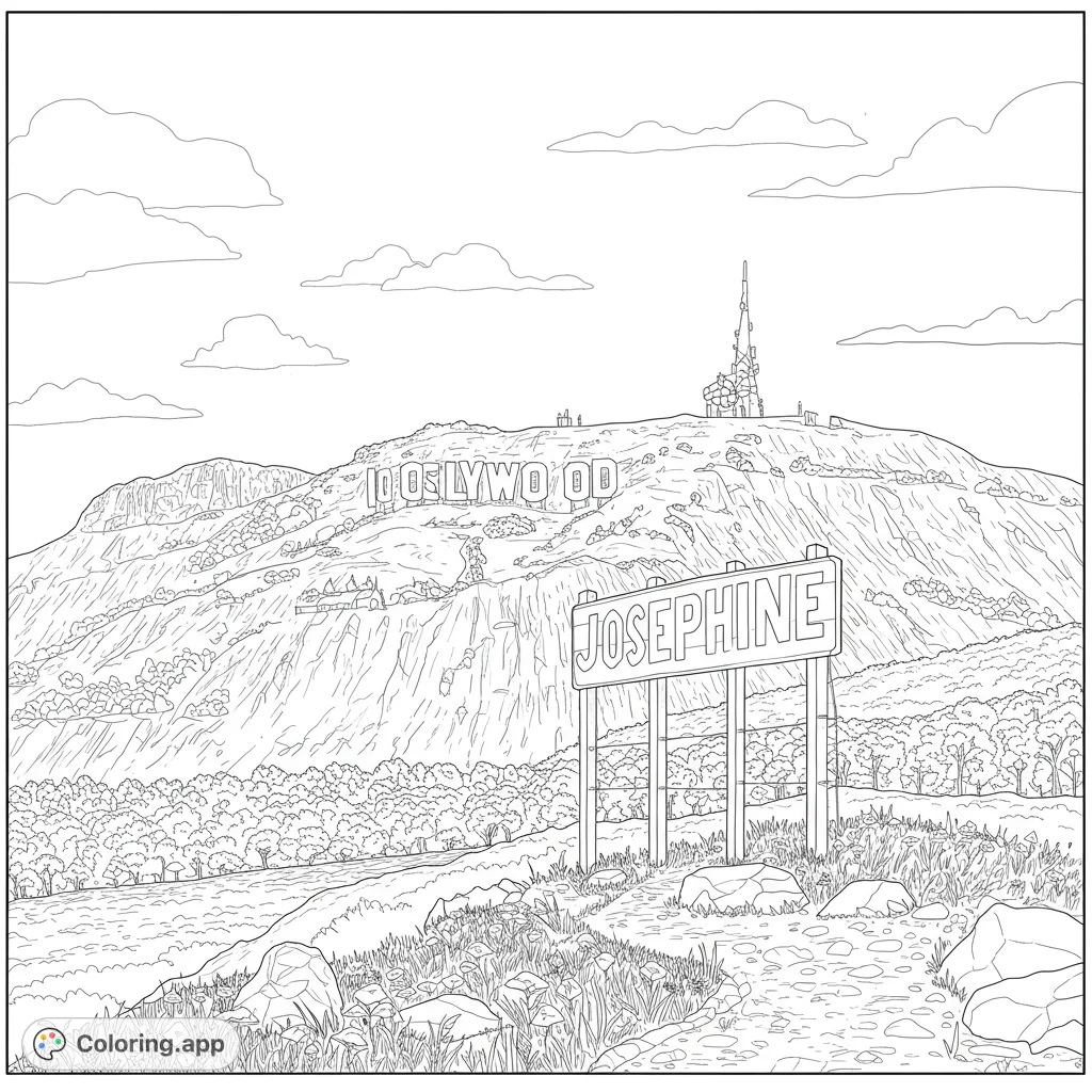 Explore a free printable Hollywood Hills coloring page featuring the iconic sign, a Josephine sign, and a scenic path. Perfect for all ages!