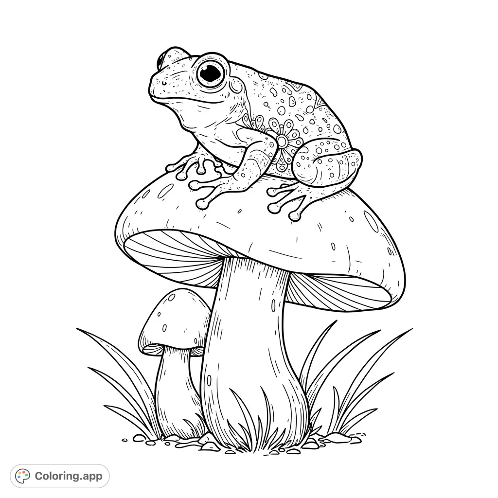 A charming frog with intricate patterns rests on a large mushroom, perfect for a whimsical nature coloring page. Free printable for all ages!
