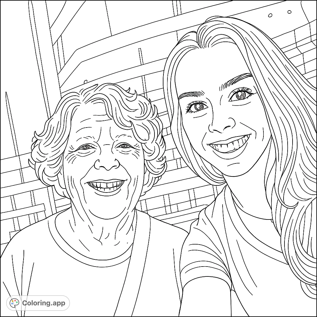Capture the warmth of family with this heartwarming portrait of two smiling women. A free printable family portrait coloring page for all ages.