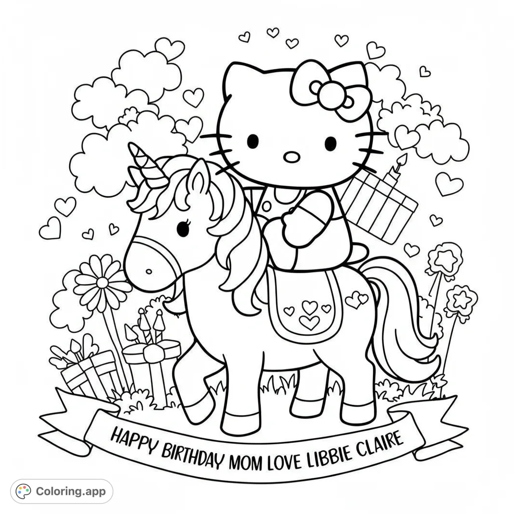 A delightful Hello Kitty coloring page featuring Hello Kitty riding a unicorn amidst clouds, hearts, flowers, and gifts, perfect for celebrations.