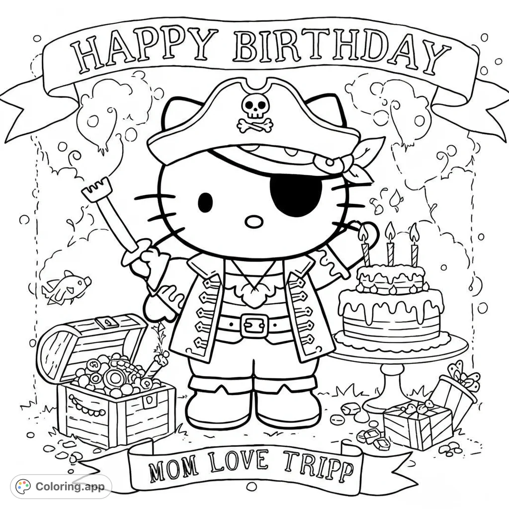 A charming pirate character celebrates a birthday with a treasure chest, cake, and gifts. A fun, free printable pirate birthday coloring page for kids!