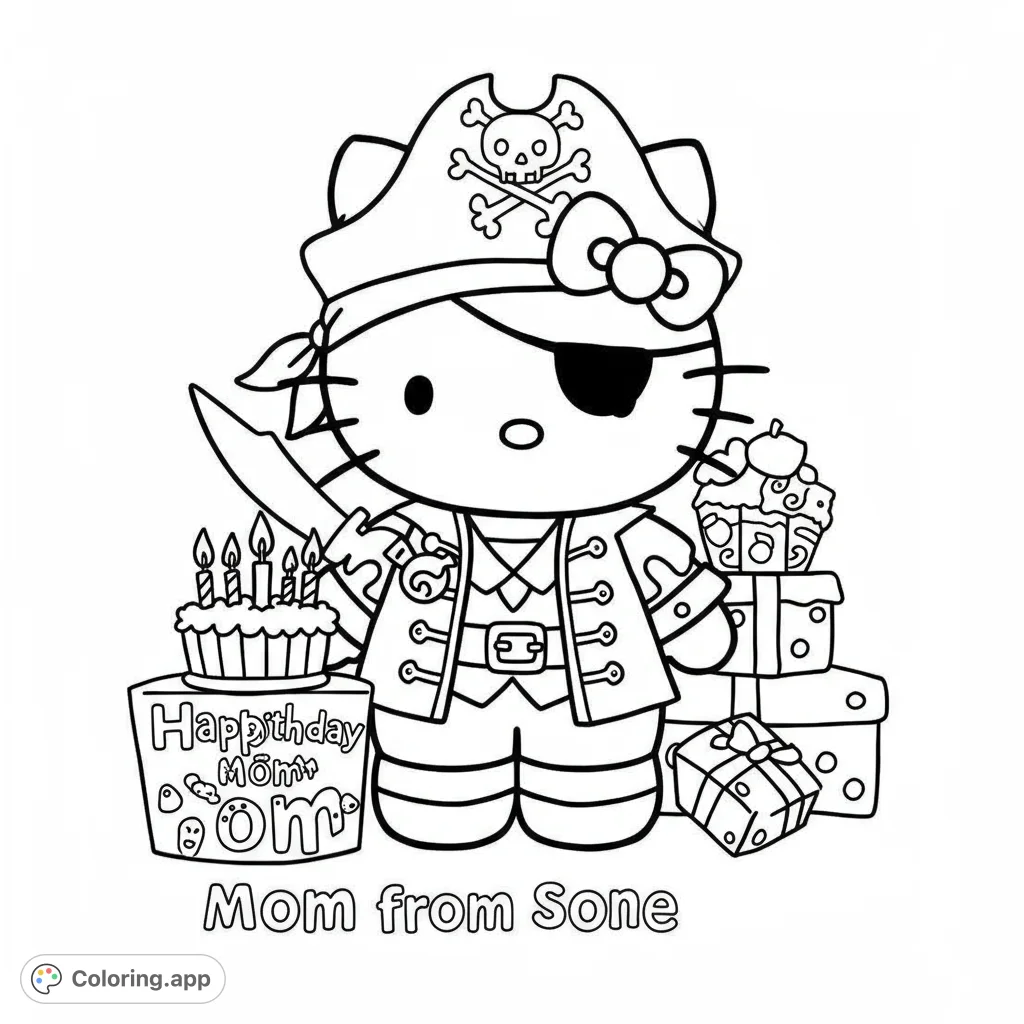 A charming pirate character with an eye patch and sword, surrounded by a birthday cake and festive gifts, ready for a fun coloring adventure.