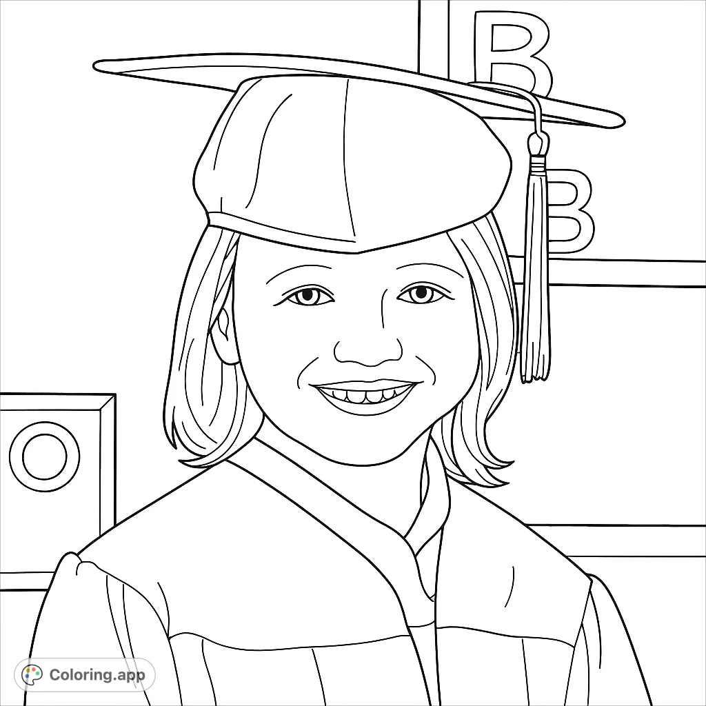Joyful child in graduation cap and gown, ready to celebrate. Perfect free printable graduation coloring page for kids and adults.