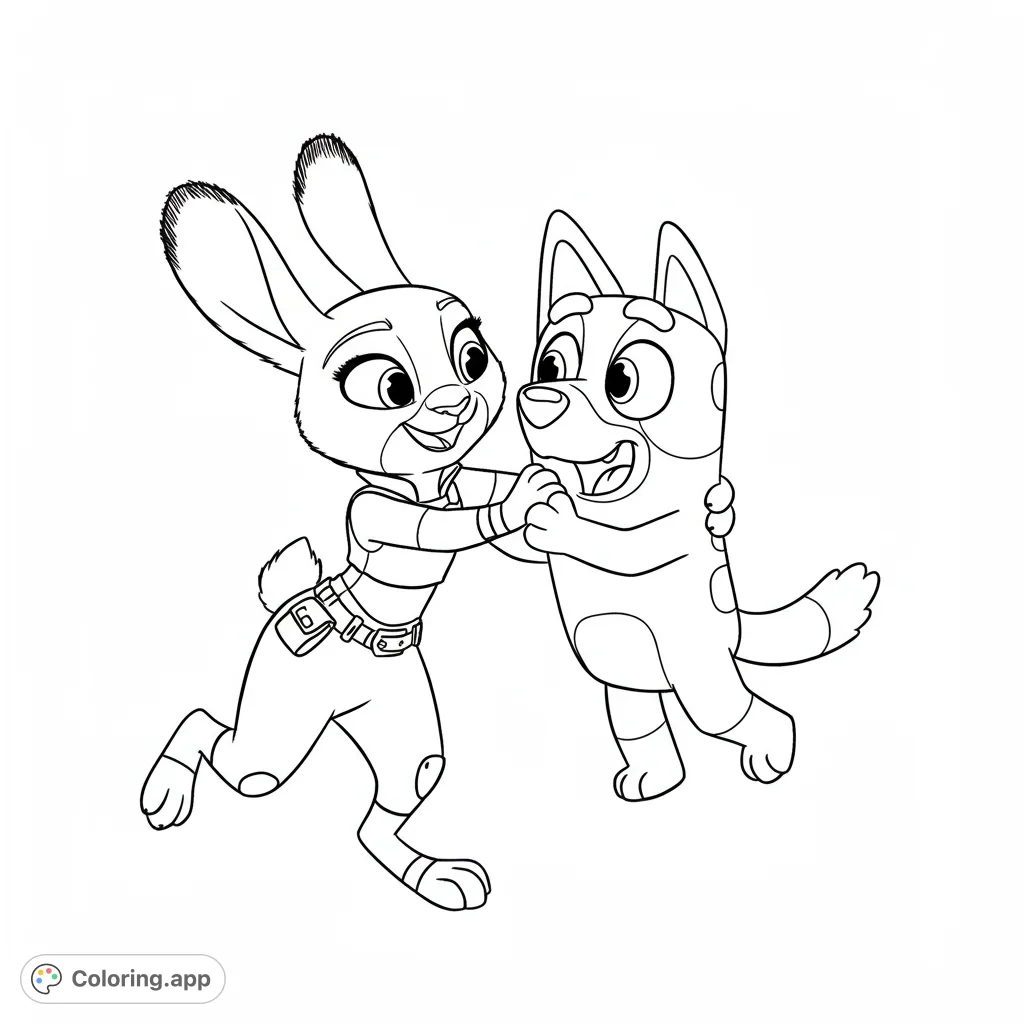Judy Hopps and Bluey enjoy a playful moment! This black and white line art coloring page features the Zootopia and Bluey characters in a fun, detailed scene.