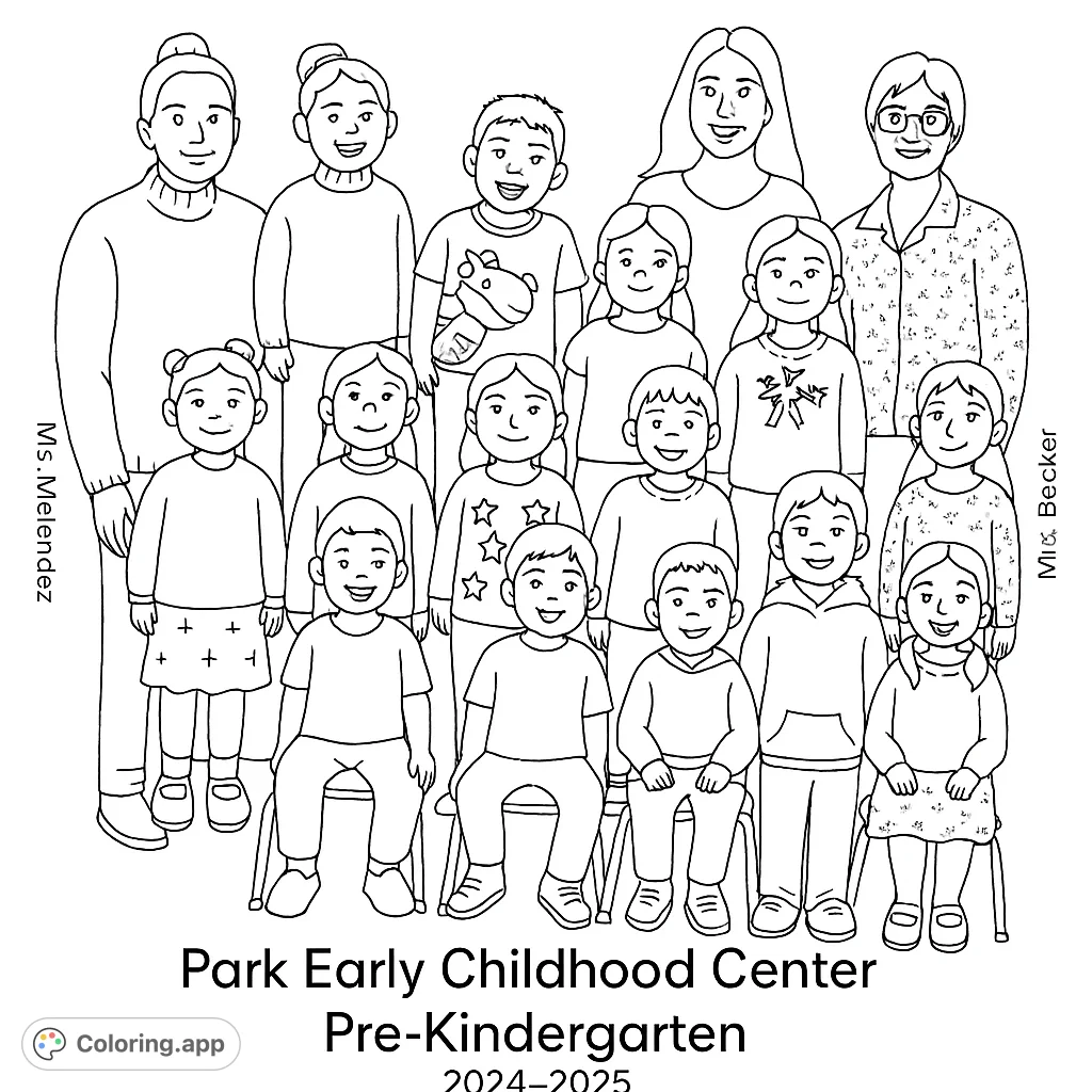A heartwarming classroom group coloring page featuring smiling children and adults, perfect for celebrating community and learning.