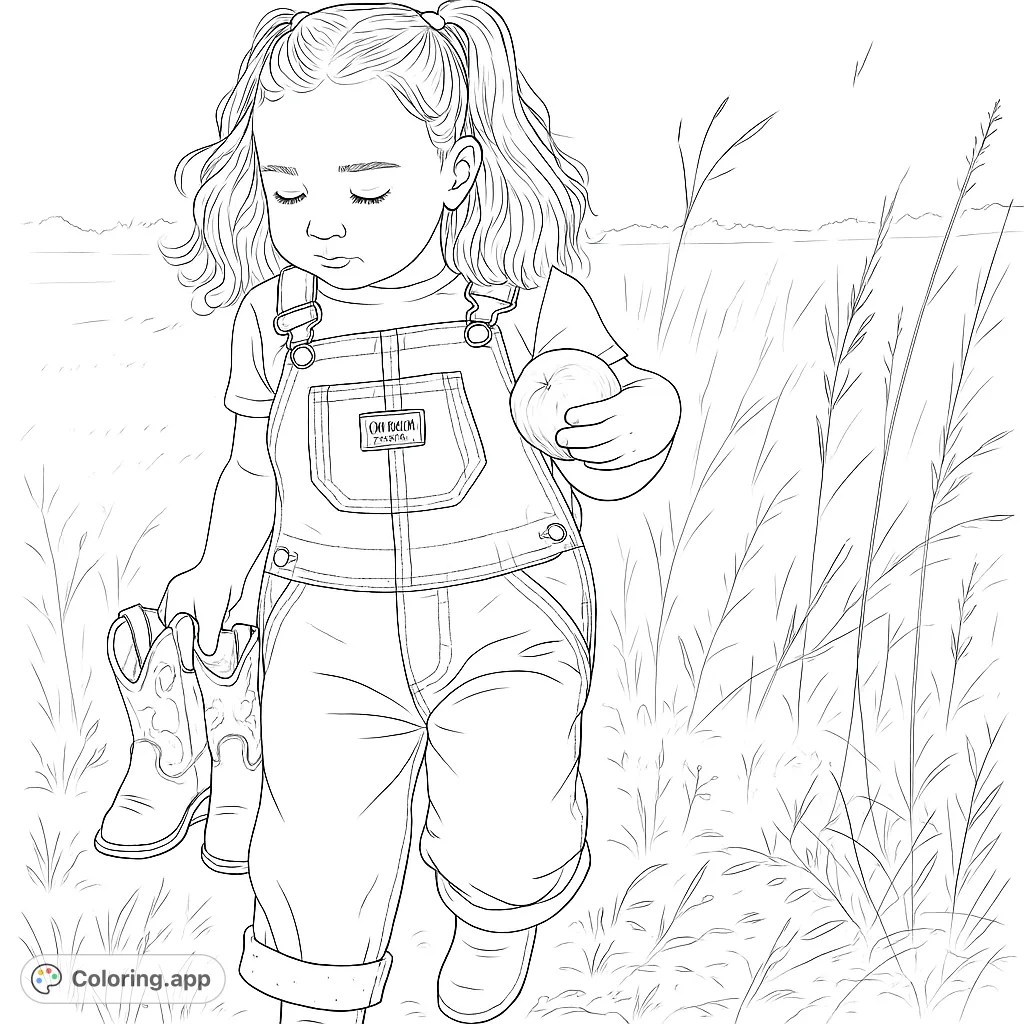 Adorable child in overalls walks through a field, holding cowboy boots and an apple. A charming free printable farm-themed coloring page.