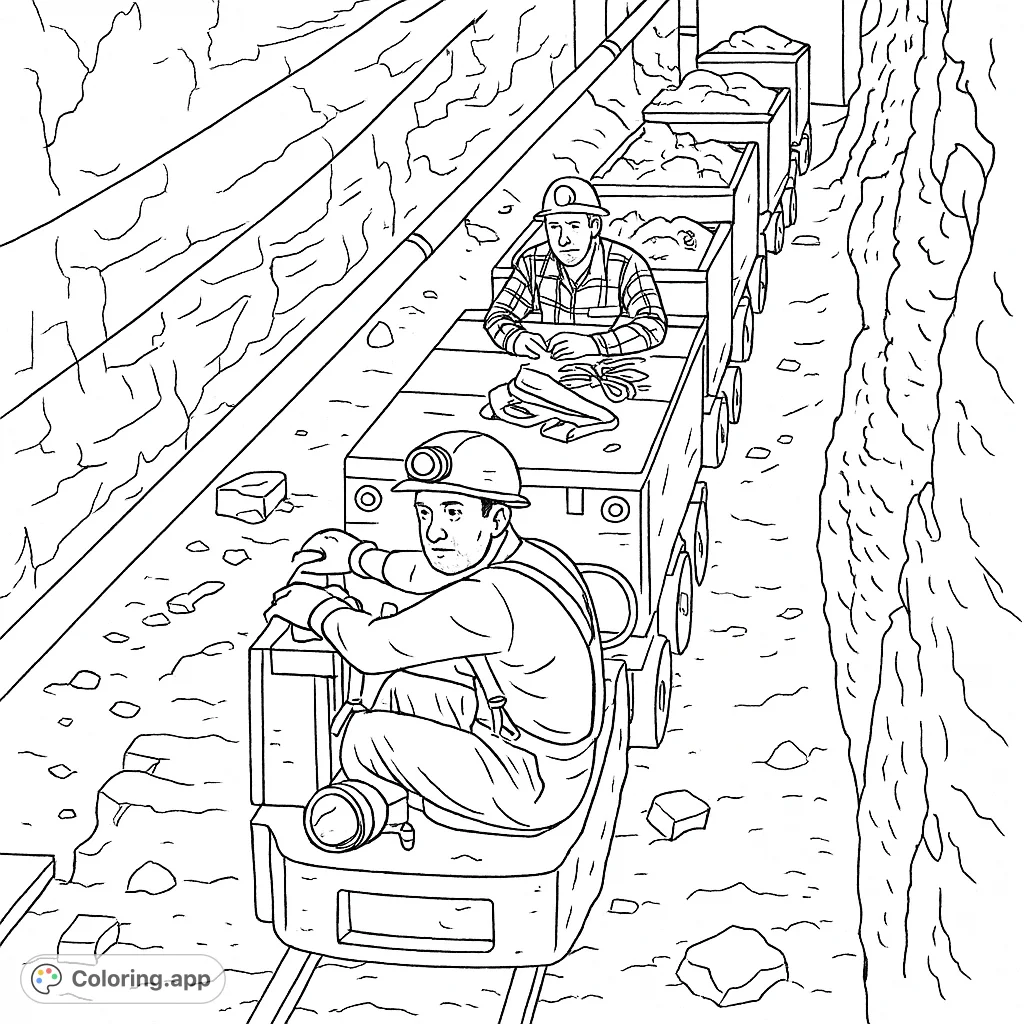 Two miners in a mine cart train, deep inside a rugged underground tunnel. A detailed mining adventure scene, perfect for a free printable coloring page.