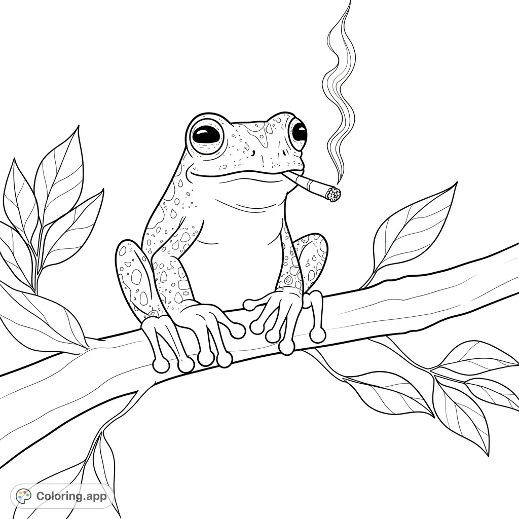 A chill tree frog enjoys a smoke! This whimsical black and white line art coloring page features a detailed frog with plenty of open space for coloring.