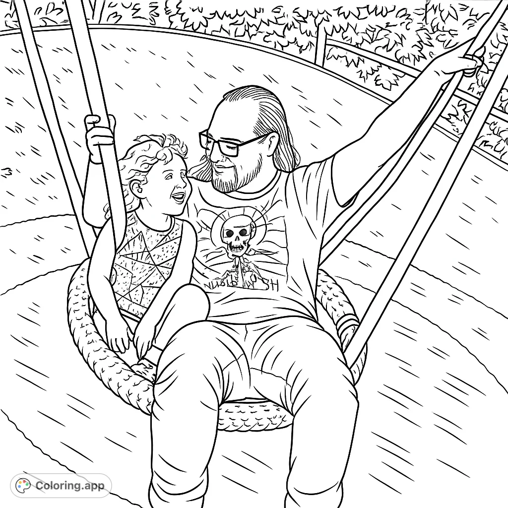 A heartwarming father and child swing ride, perfect for a free printable family fun coloring page. Features a joyful moment in a park setting.