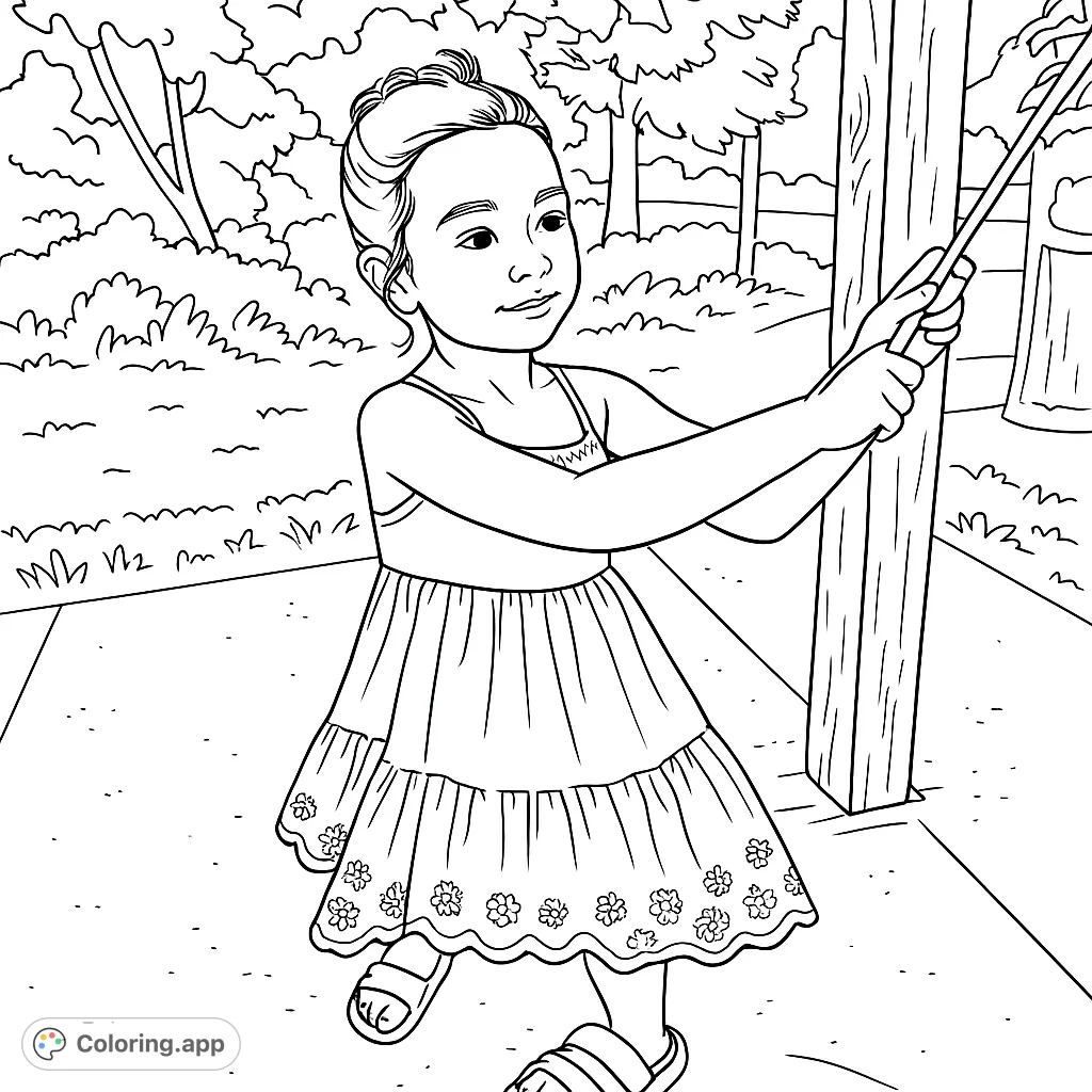A delightful outdoor play coloring page featuring a young girl holding a stick, perfect for free printable coloring page fun and imaginative kids' activities.