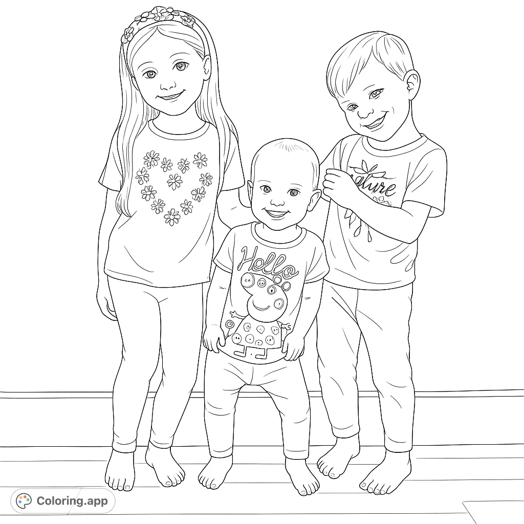A heartwarming family coloring page featuring three smiling children: a girl, a baby, and a boy, standing together. Perfect for all ages.