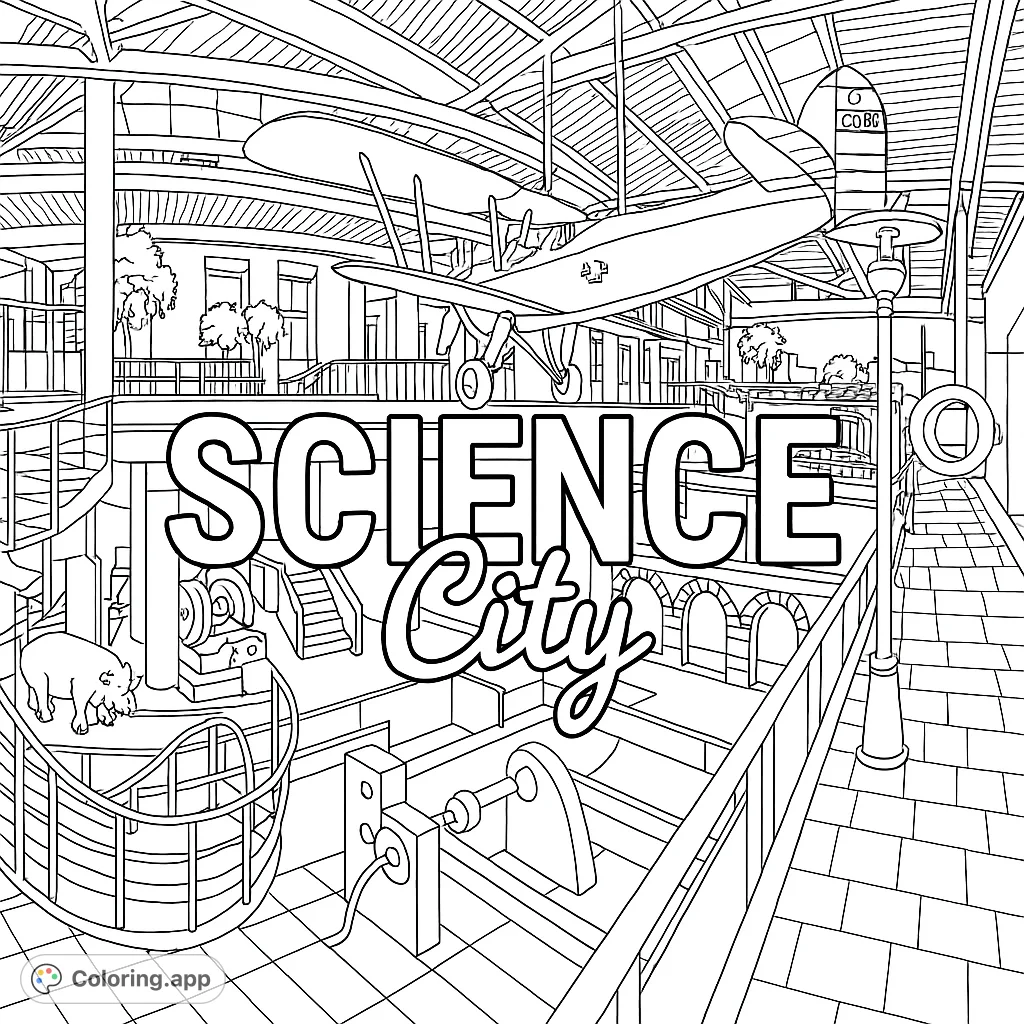 Explore a detailed science museum coloring page featuring a suspended biplane, intricate machinery, and architectural elements for a challenging experience.
