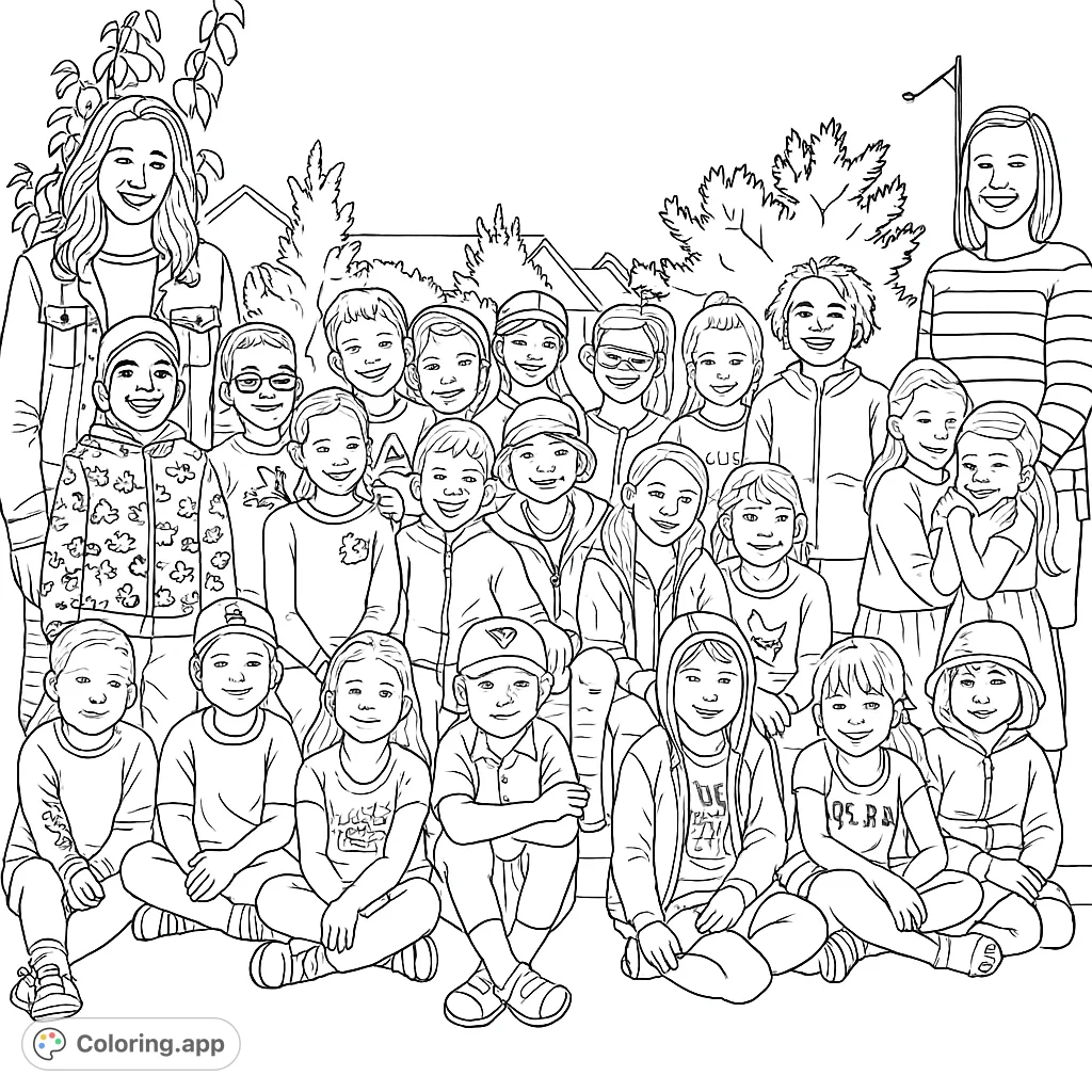 A joyful group of diverse children and two adults smiling together in an outdoor setting, perfect for a school group coloring page.