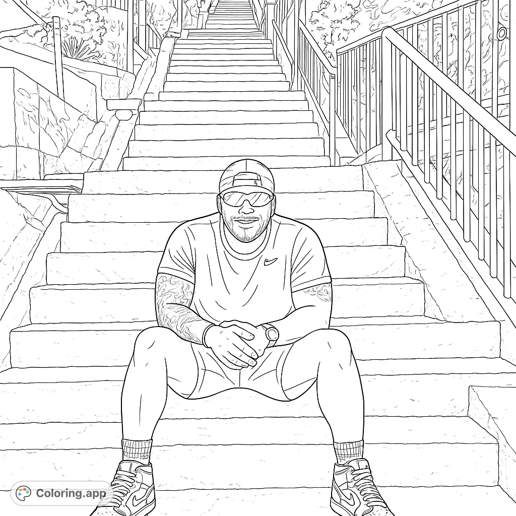 A cool man in a cap and sunglasses sits casually on wide outdoor stairs, perfect for a relaxing coloring experience. Free printable urban lifestyle coloring page.