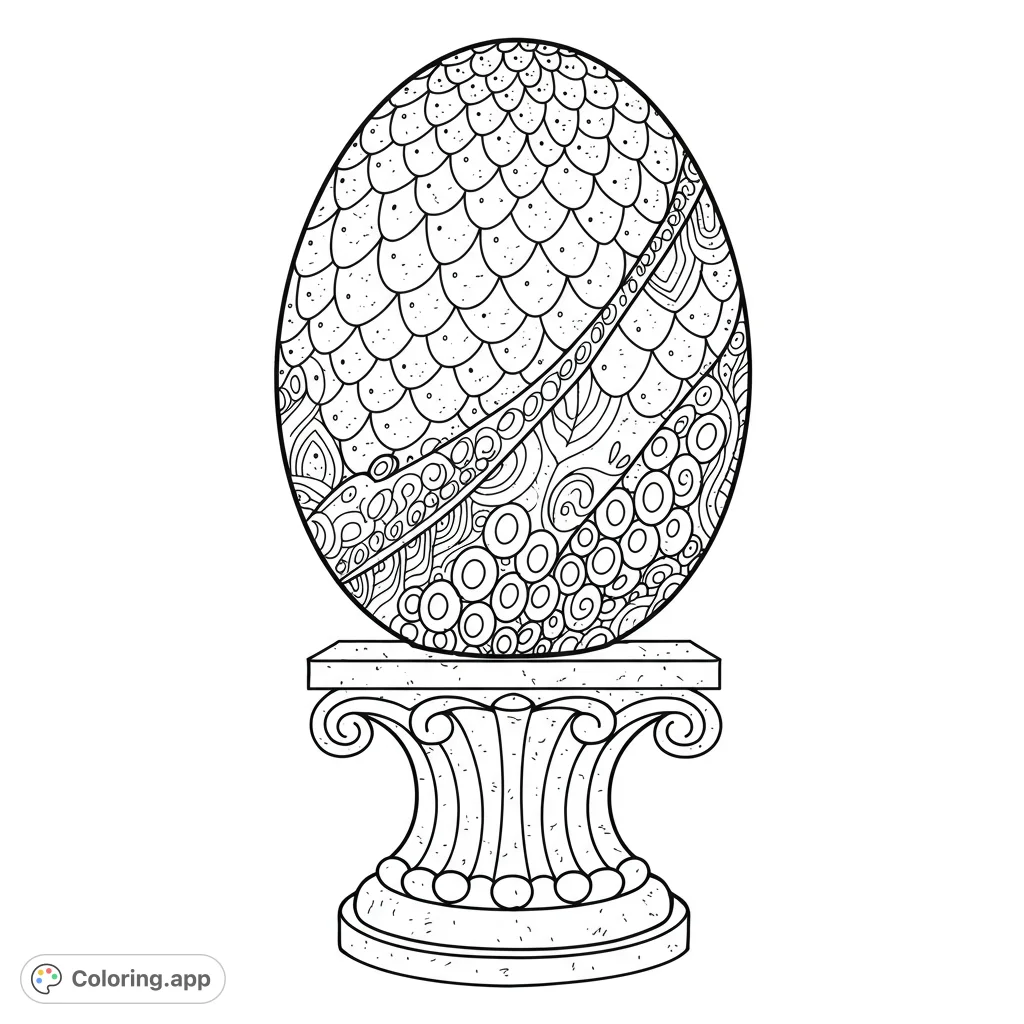 Discover an intricate patterned egg on a classical pedestal. This detailed design offers a relaxing coloring experience for all ages.