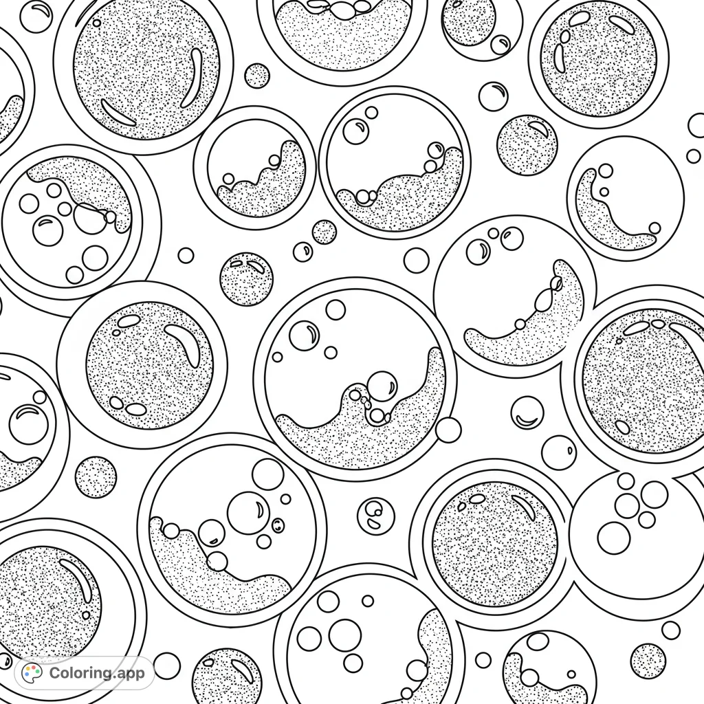 Dive into an abstract bubble and cell pattern coloring page, featuring diverse circles with intricate internal details and textures for a unique artistic experience.