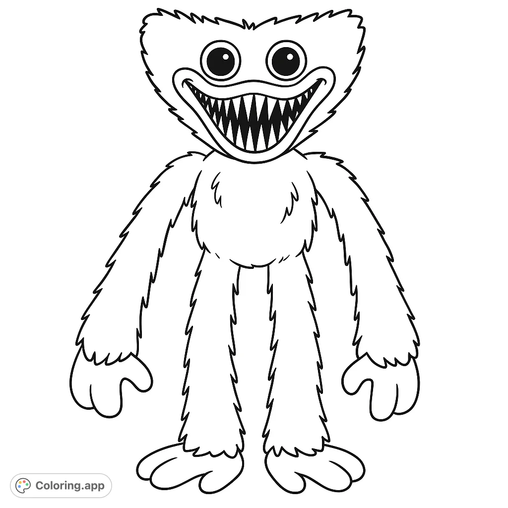 A fun, furry monster character with big eyes and sharp teeth, perfect for a spooky yet playful coloring adventure. Free printable monster coloring page.