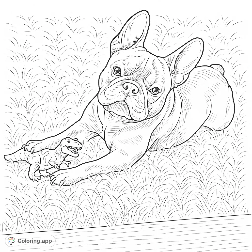 A charming French Bulldog lies in grass, playfully guarding a small dinosaur toy. A delightful and free printable pet coloring page for all ages.