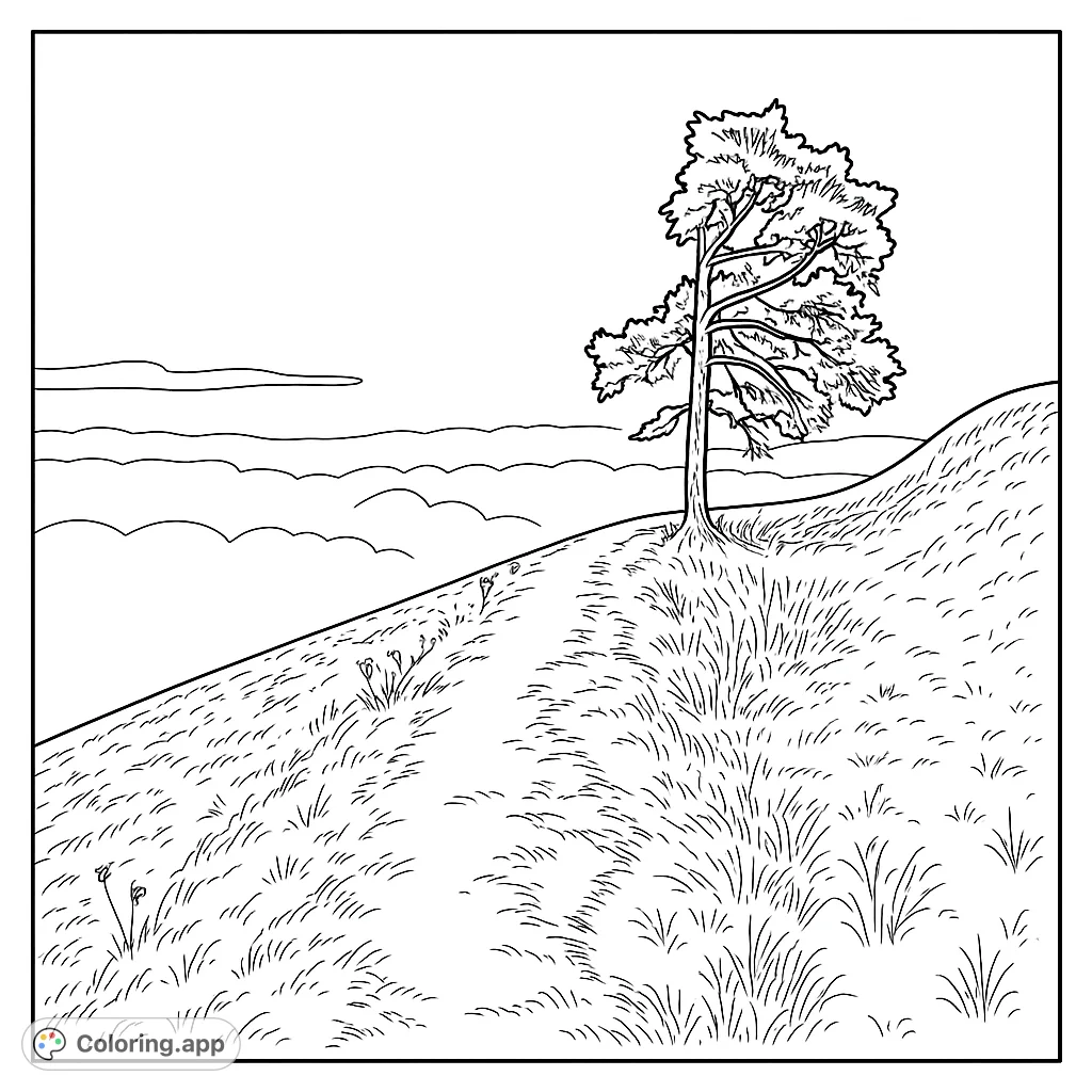 Color a serene landscape featuring a majestic solitary tree on a frosted hillside path, overlooking a vast sea of clouds. A peaceful nature scene.