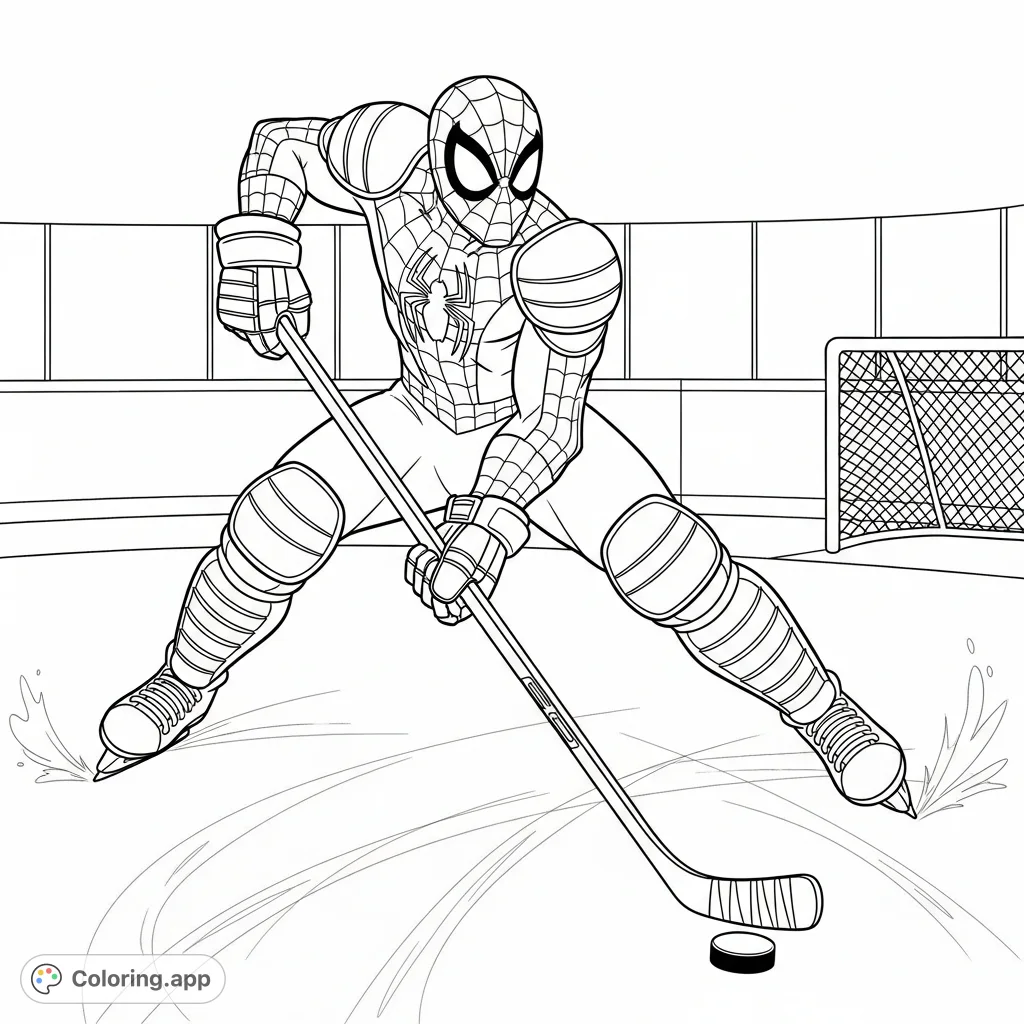 Join Spider-Man on the ice! This exciting Spider-Man coloring page features the web-slinger in full hockey gear, ready for action on the rink.