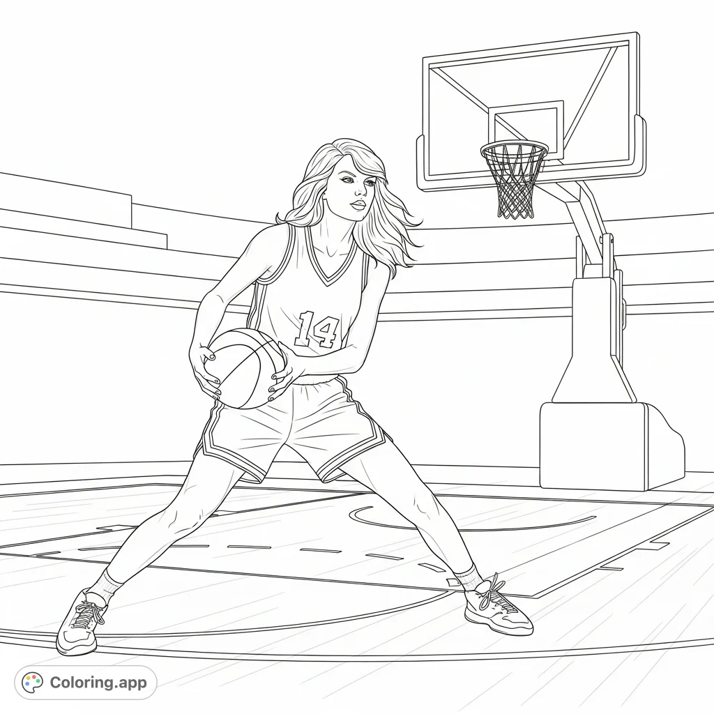 Catch Taylor Swift in a dynamic basketball pose on the court! A fun, free printable Taylor Swift coloring page for fans of pop music and sports.