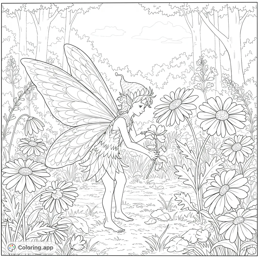 A whimsical fairy gently tending to daisies in a lush meadow, surrounded by enchanting forest details. Perfect for fantasy coloring.