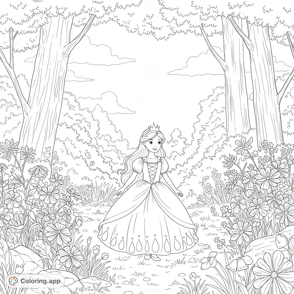A beautiful princess in an elegant gown stands on a forest path, surrounded by lush wildflowers and tall trees. A charming fantasy scene.