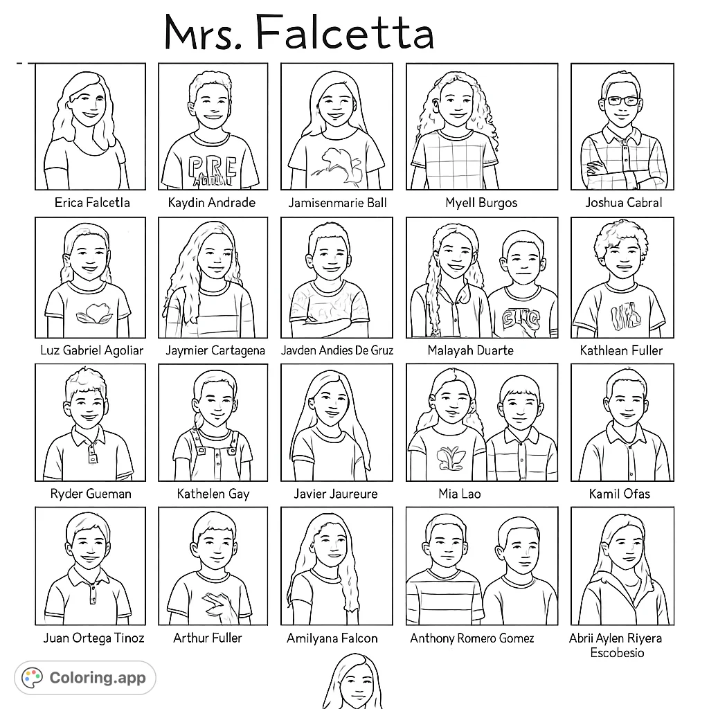 A delightful free printable class portrait coloring page featuring a grid of diverse smiling students and a teacher, perfect for personalized coloring fun.