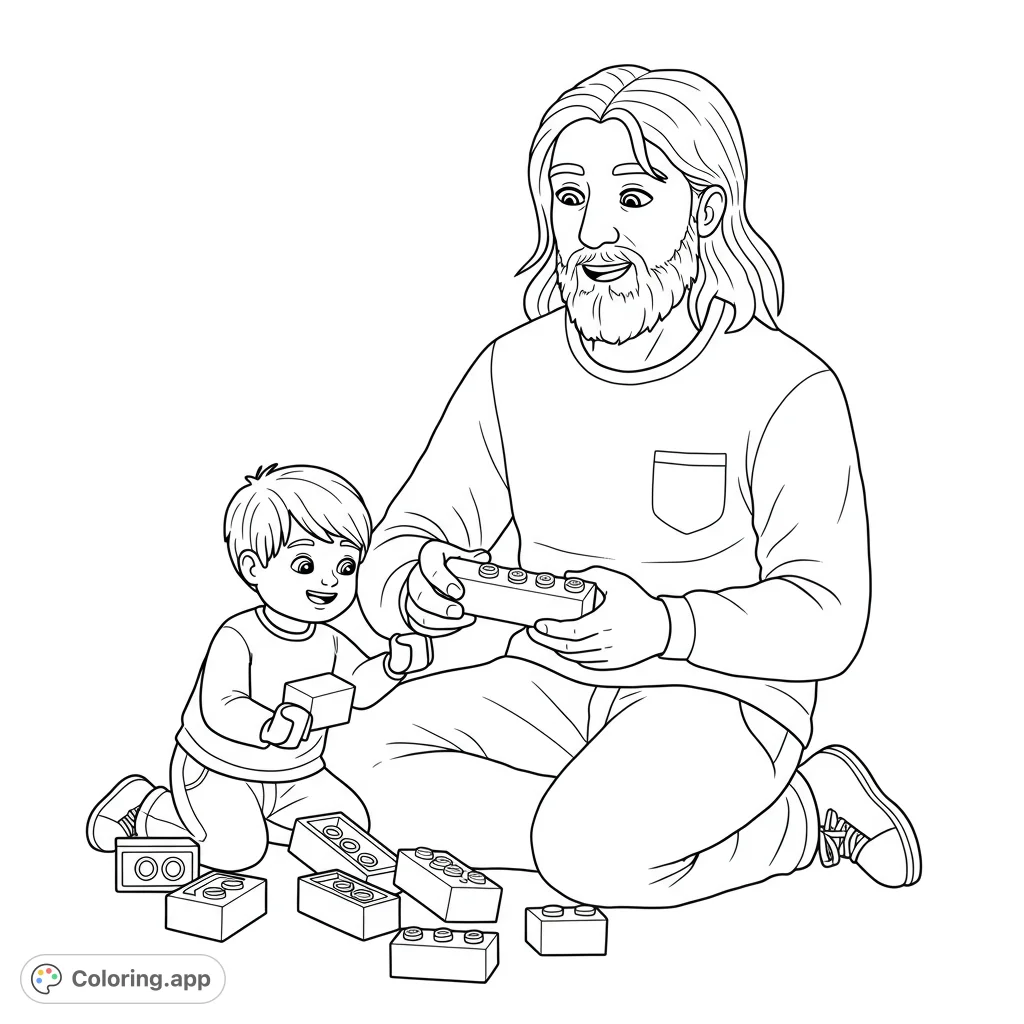 A heartwarming free printable coloring page featuring a father and child happily building with blocks, perfect for family fun and creative expression.