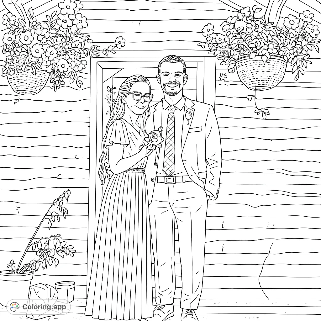 A charming couple stands in a rustic doorway adorned with lush hanging flower baskets. Perfect for a romantic coloring page, celebrating love and nature.
