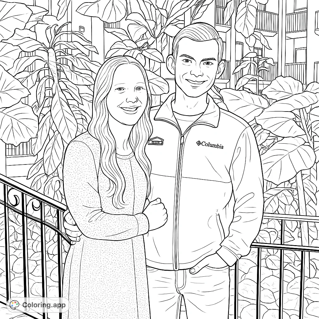 A joyful couple smiles amidst lush botanical foliage and architectural details, perfect for a personalized free printable coloring page.