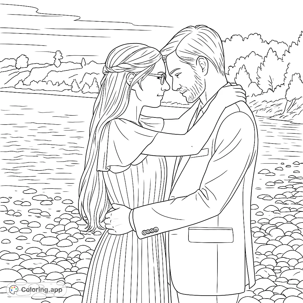 A romantic couple embraces by a serene lake, surrounded by pebbles and distant hills. A beautiful love-themed coloring page for all ages.