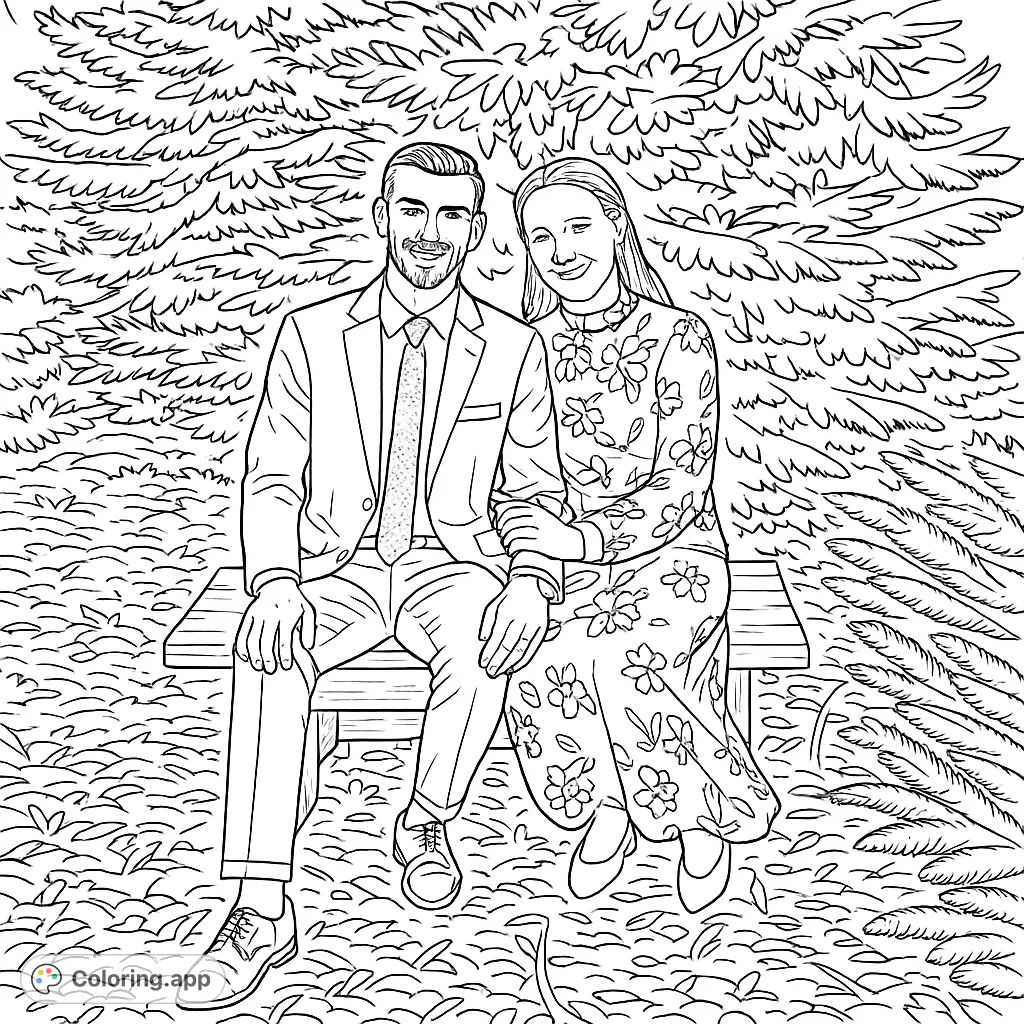 A charming couple smiles on a park bench amidst lush foliage. Perfect for a romantic coloring page, celebrating love and nature.